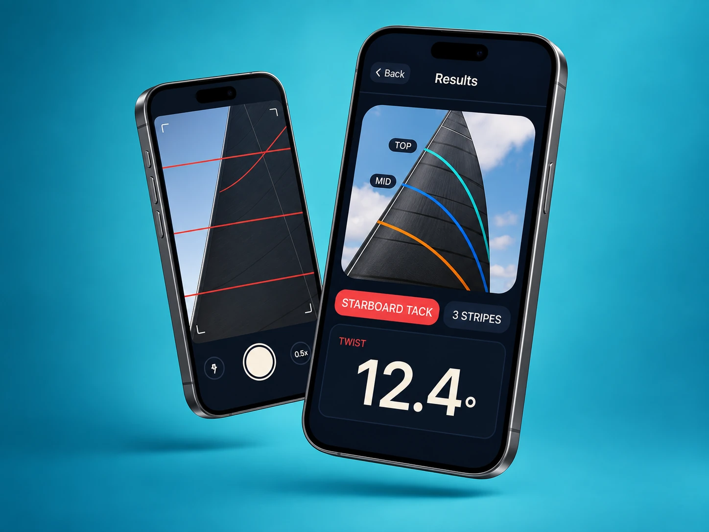 SailScan camera and sail analysis screens on two angled phones against an ocean-blue background